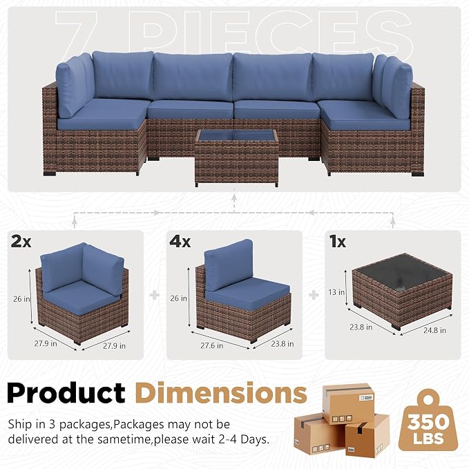 LHBcraft Patio Furniture Set,7 Pieces Outdoor Wicker Rattan Patio Furniture with Rain Cover, Wicker Rattan Outdoor Sectional Sofa Set with Coffee Table for Garden, Taupe-Blue