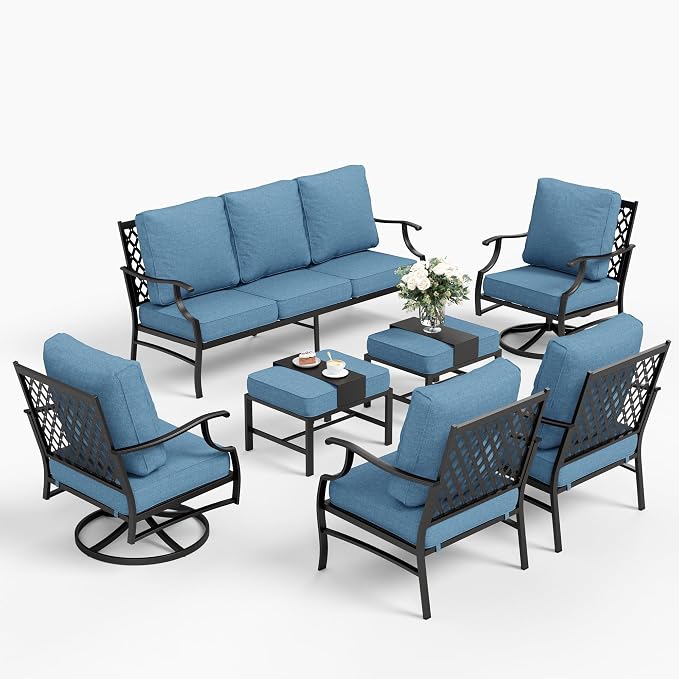 SUNSHINE VALLEY 7 Piece Metal Outdoor Patio Furniture Set, Patio Conversation Sets 1 3-seater Sofa, 2 Fixed Chairs, 2 Swivel Chairs, 2 Ottomans with 5.75" Thick Cushion, Black Backyard Furniture, Navy