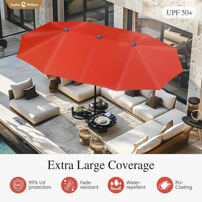 Sophia & William Patio Set with Umbrella Outdoor Dining Set for 6 with 13ft Umbrella Orange Red, 6 x Patio Chairs Brown, 1 Wood Like Outdoor Dining Table for Deck Lawn Garden (No Umbrella Base)