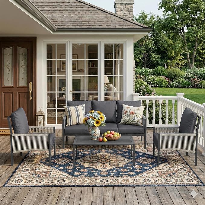 U-MAX Aluminum Patio Furniture Set 5 Seats Outdoor Sectional Couch with Coffee Central Table Patio Conversation Sets for Porch Deck (Dark Grey, with Retractable Single Sofa)