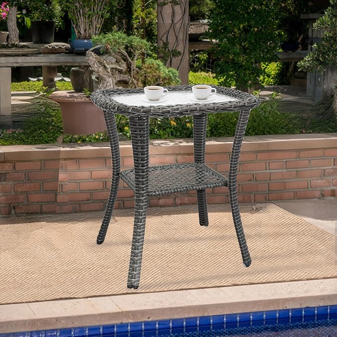 Outdoor Wicker Coffee Table Set of 2, 2-Tier Sturdy Patio Table with Tempered Glass Small Outdoor Wicker Side Table with Storage Shelf for Patio,Balcony & Porch,with PE Rattan & Iron Frame