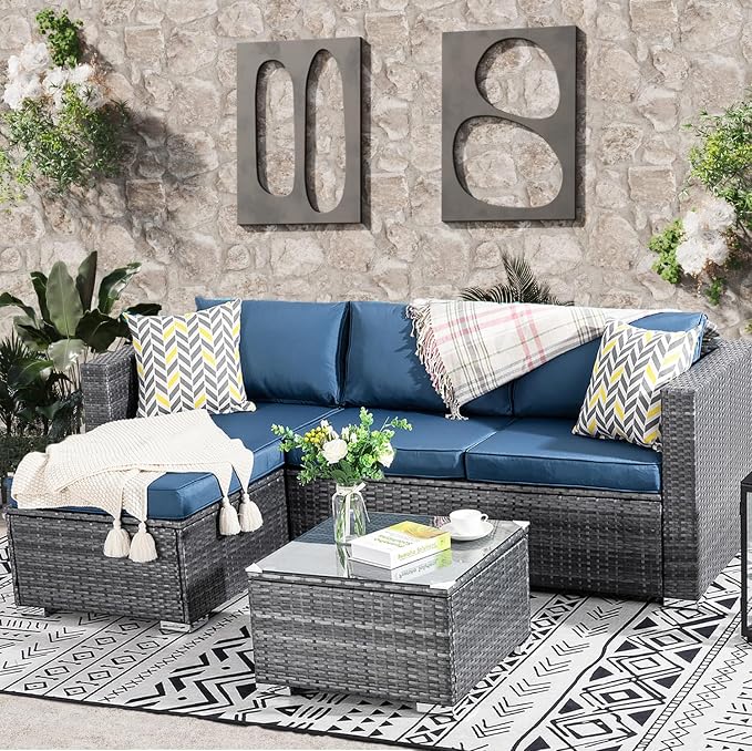 SUNLEI 3-Piece Patio Sectional Sofa, Patio Furniture Set with Cushions, All Weather Outdoor PE Wicker Patio Conversation Sofa Set with Glass Coffee Table & Ottoman, Silver Rattan/Aegean Blue