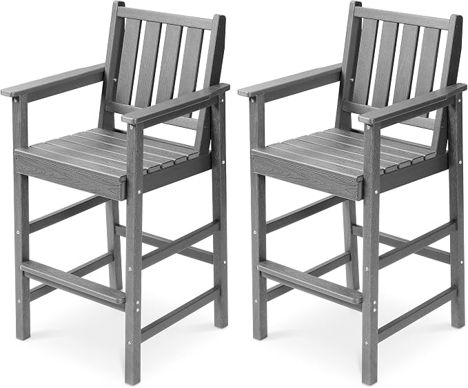 Adirondack Bar Chair Set of 2, All Weather HDPE Counter Height Bar Chair with Wide Armrests & Footrest, Heavy-Duty Outdoor Bar Height Barstools Set for Patio, Balcony, Pool, Backyard, Grey