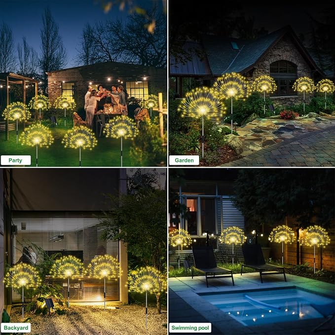 Slyuexu Solar Garden Lights Outdoor Waterproof, 4 Pack Total 480 LED Solar Firework Lights Decorative with 8 Lighting Modes Outside for Yard Pathway Flowerbed Decor, Warm White
