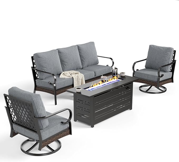 SUNSHINE VALLEY 4 Piece Black Metal Outdoor Patio Furniture Sets with Firepit Table, Patio Conversation Sets 1 3-Seater Sofa, 2 Swivel Sofa with 5.75" Thick Cushion Backyard Furniture for Deck, Gray