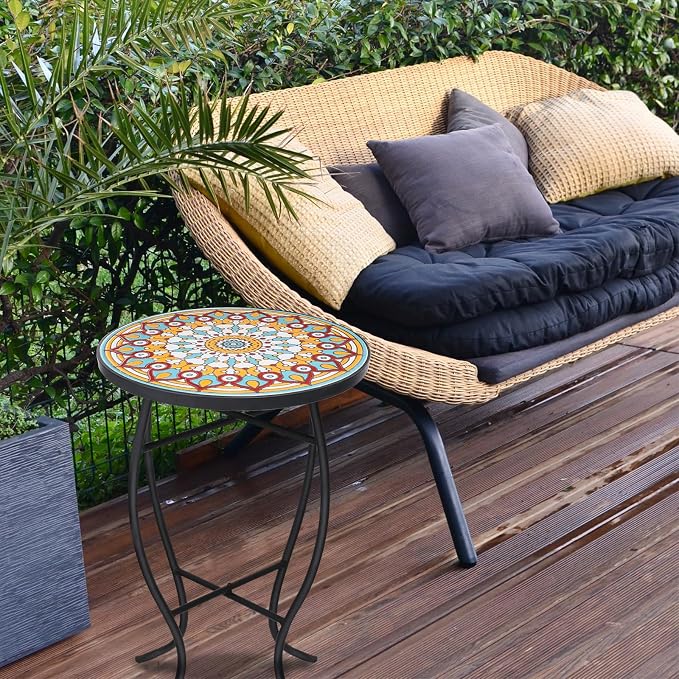 VCUTEKA Mosaic Outdoor Side Table - Small Patio Table Coffee Outside Accent Tables Round End Plant Tables for Bistro Balcony Porch Outdoor Benches 14'' Multi Yellow