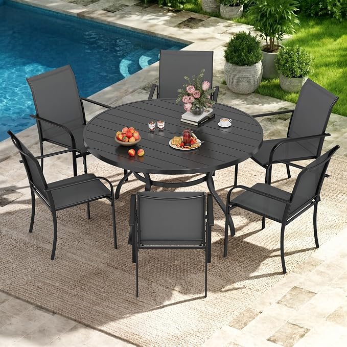 Incbruce 7 PCS Patio Dining Set, Outdoor Dining Set of 6 Textilene Chairs and 53" Round Table with Umbrella Hole for Backyard, Garden, and Poolside (Grey)