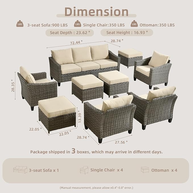 CAODOC Patio Furniture Set, 7 Pieces Outdoor Wicker Rattan Sofa Couch with 4 Chairs, Ottomans and Comfy Cushions, All Weather High Back Conversation Set Garden Backyard, Brown Rattan Beige Cushions