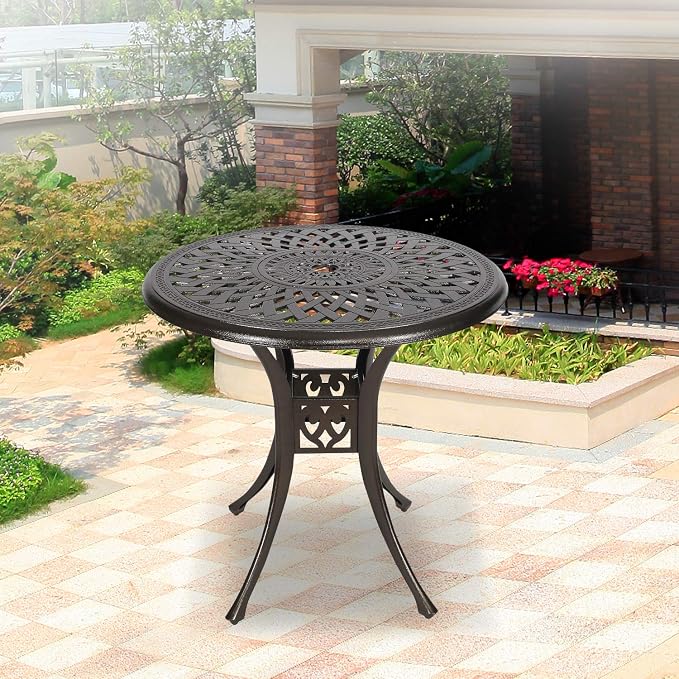 Puluomis 31” Round Cast Aluminum Dining Table, Outdoor Patio Retro Bistro Dining Table with 2” Umbrella Hole