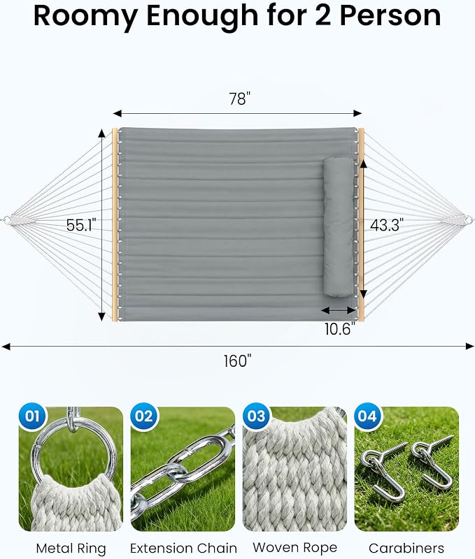 ANAGOO Double Hammock with Spreader Bar & Pillow, 2-Person Portable Hammock, 500lbs Capacity for Outdoor Camping, Patio, Backyard, Garden, Beach & Travel Relaxation – Gray