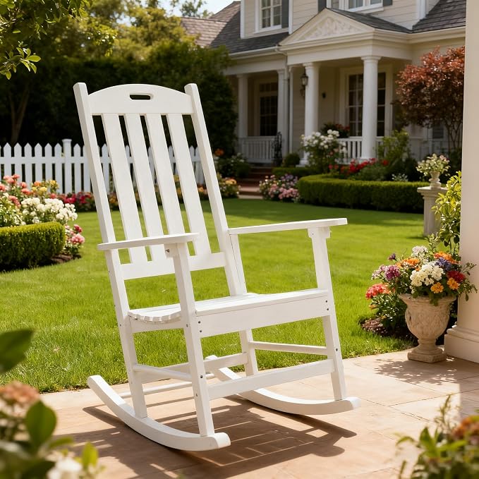 Wooden Rocking Chairs Outdoor, High Back and Armrest Porch Chair, All Weather Porch Rockers, for Porch/Garden/House Use.(White)