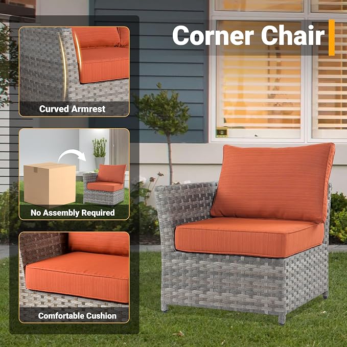 CAODOC 12 Pieces Outdoor Furniture Patio Sectional Sofa Couch Gray PE Wicker Conversation Sets with Ottomans Glass Coffee Table for Garden Poolside Backyard