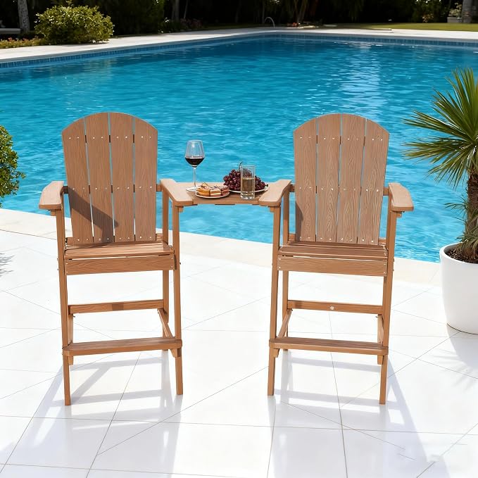 Outdoor Tall Adirondack Chairs Set of 2,Outdoor Bar Height Barstools Widened Chair with Wood Grain,High Backrests,Ideal for Patio,Camping,Pool,Outdoor Use.(Natural)
