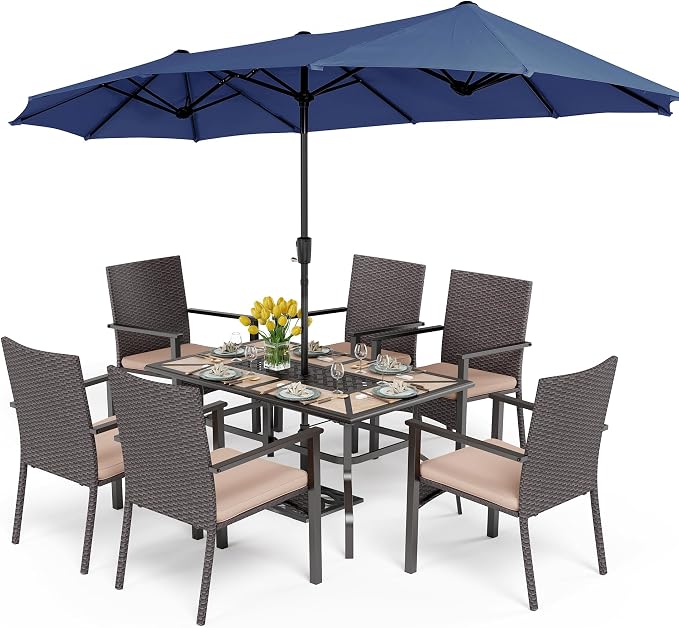 PHI VILLA 7pc Patio Dining Set with Umbrella, Wood-top Table, Rattan Chairs | 61" Wood-top dining table, 6 cushioned rattan wicker chairs, 13ft blue umbrella. Perfect for patio, deck, yard, or porch.