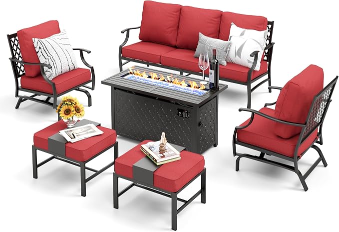 MIXPATIO Patio Furniture Set, 6 Pcs Metal Outdoor Conversation Set, 2 Rocker Chairs, 2 Ottomans and 3 Seater Sofa with 5.75" Extra Thick Cushion and Gas Fire Pit Table, Red