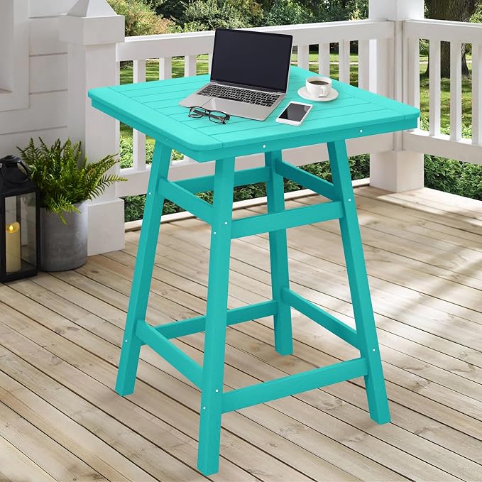 Costaelm Outdoor Bar Table, 37" Counter Height Square Patio Cocktail Bar Table with Umbrella Hole, Patio Bistro Dining Pub Table for Front Porch Deck Backyard Garden, Turquoise
