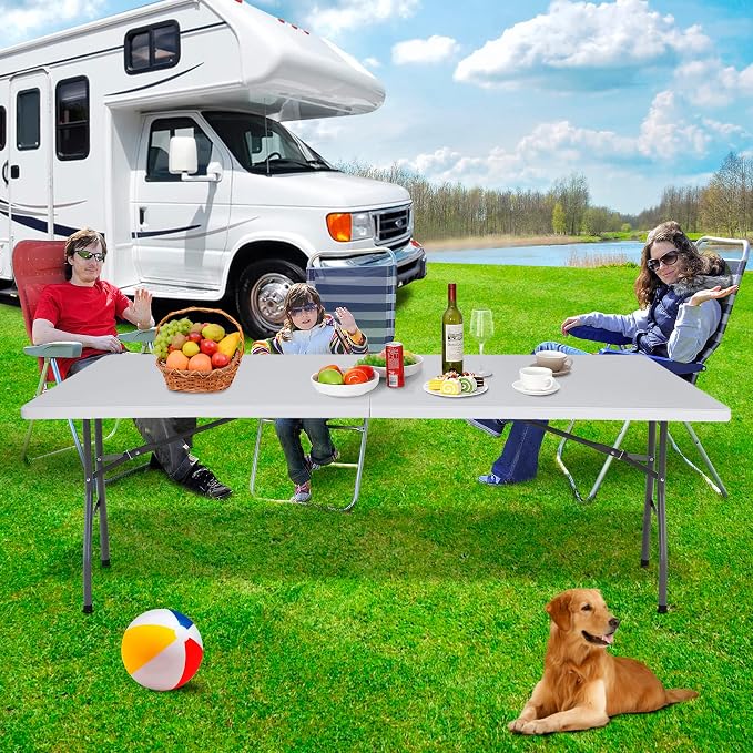 Folding Event Table, Heavy Duty Picnic Table Indoor Outdoor Camping, 8FT Portable w Handle Lock for Banquet, White