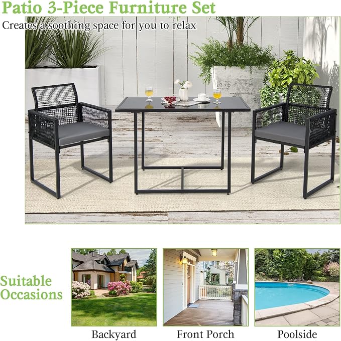 Tangkula 3 Pieces Outdoor Dining Set, Patio PE Rattan Furniture Set with Folding Backrest, Cozy Seat Cushions, Tempered Glass Tabletop, Space-Saving Rattan Chair Table Set for Backyard, Poolside