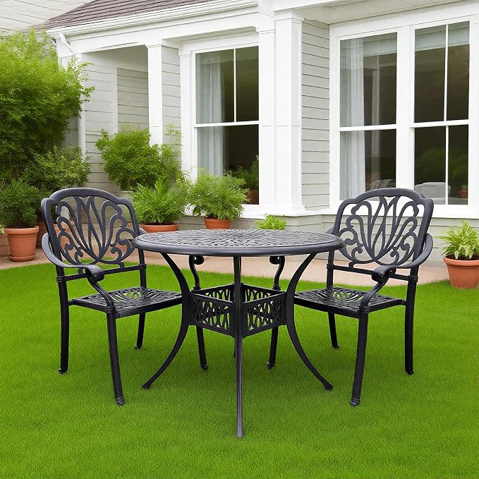 35" Outdoor Patio Table Cast Aluminum Dining Table,All Weather Metal Bistro Round Table with 2.4" Umbrella Hole for Garden,Backyard,Porch,Balcony,Black