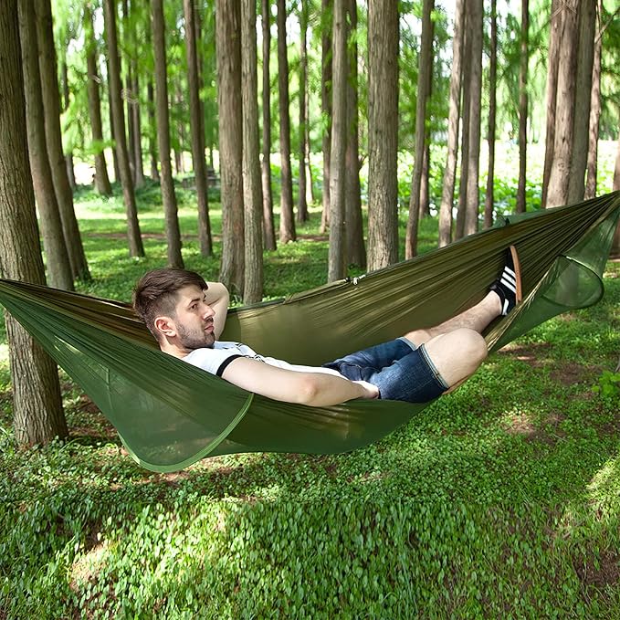 Travel Hammock with Mosquito Net, Lightweight Camping Hammock Hold Up to 200kg, Portable Outdoor Hammock for Camping Hiking Backpacking,Army Green,250x120cm