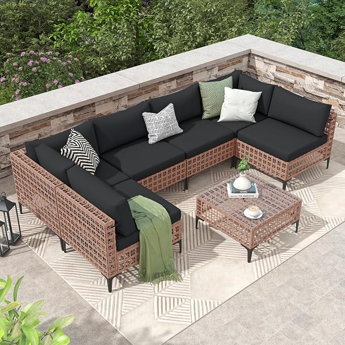 Patiorama 7 Piece Wicker Patio Furniture Set, Natural-Colored PE Rattan Outdoor Conversation Set Sectional Sofa with Water Resistant Cushion and Glass Table, Outdoor Couch, Porch, Backyard-Black
