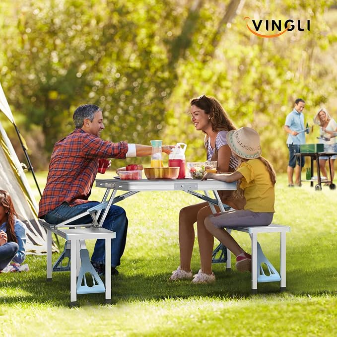 VINGLI 4Ft Folding Camping Picnic Table with Seats/Umbrella Hole-265 Lbs Support that Lightweight and Fold Up Card Suitcase Table Aluminum Alloy Frame, RV Tabletop with Soft Handl