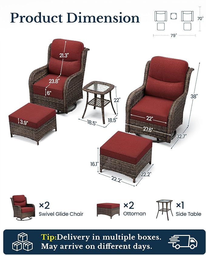 HILLGA Luxury Outdoor Patio Furniture Set with 6-Inch Thick Cushions,High Back Wicker Swivel Rocker Chairs, 5 Pcs All Weather Chairs Set for Small Porch, Deck and Sunroom, Burgundy (V3)