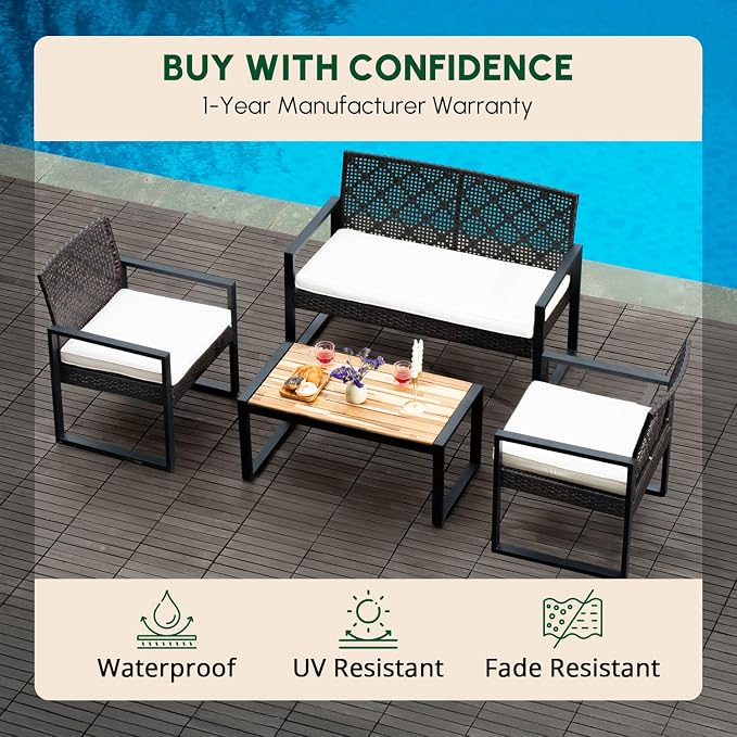 BEEFURNI Wicker Patio Furniture Outdoor Conversation Set of 4, Rattan Outdoor Furniture Set, Acacia Wood Table, 2 Chairs, 1 Loveseat, 2โ Cushions, All Weather Set for Patio, Porch, Balcony (Black)