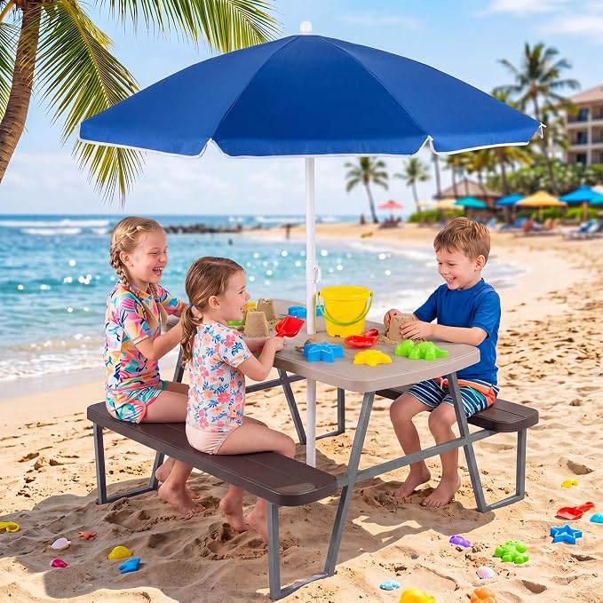 KOTEK Kids Picnic Table with Umbrella, Toddler Outdoor Table and Bench Set, Easy to Clean, HDPE Top & Metal Frame, 660LBS Capacity, Kids Patio Furniture for Backyard Park Garden (Coffee)