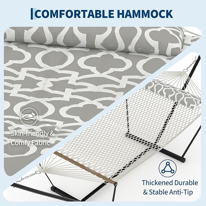 2-Person Quilted Hammock with Stand, Heavy Duty Steel Frame Hammock with Pillow, 450 LB Capacity, for Patio, Backyard, Garden, Multiple Colors