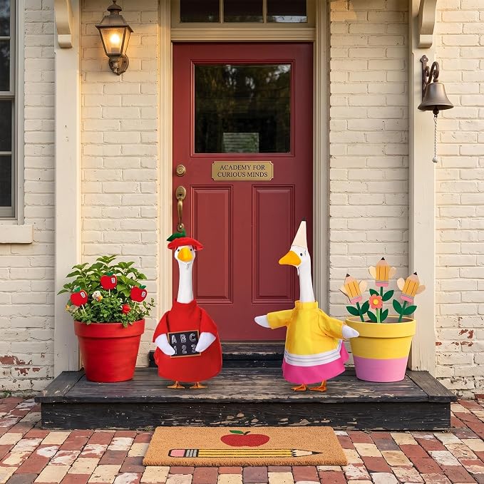Abbylike 2 Set Back to School Porch Goose Outfit Pencil and Apple Goose Clothes Fits Large 23'' Cement Statue for Classroom Yard Patio Lawn Garden Pathway Art Decorations