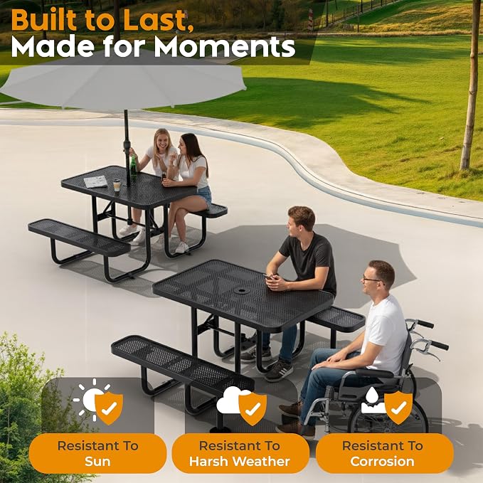 Commercial Heavy-Duty Metal Picnic Table - ADA Compliant, Adjustable Seats, Umbrella Hole (Black, 4' Rectangular, Punched Steel)