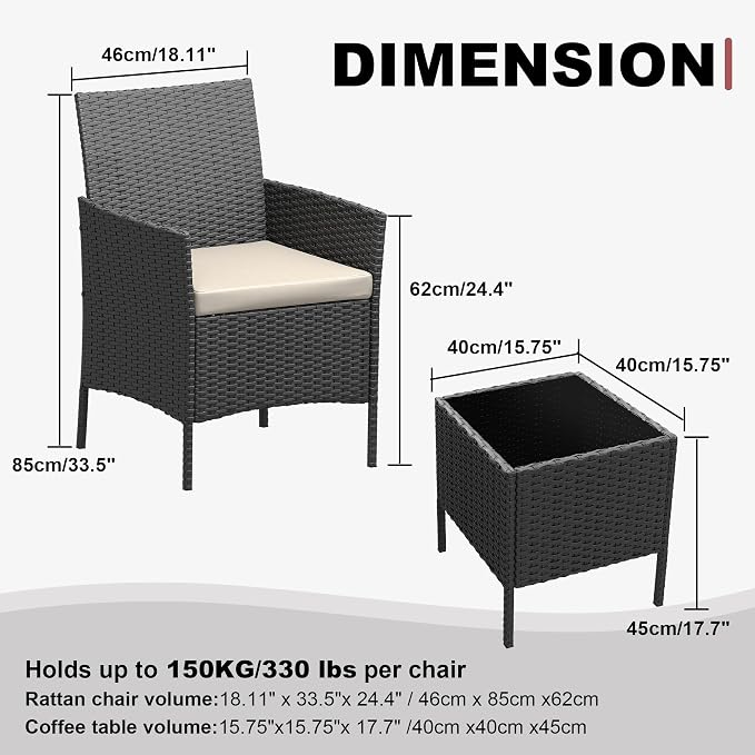 3-Piece Patio Conversation Set – Modern Outdoor PE Rattan Sofa, Glass Coffee Table, Soft Cushions – Ideal for Balcony, Porch, Poolside – Black Rattan/Ivory Seat Cushion