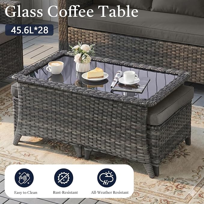 8 Piece High Back Wicker Patio Furniture Set - Patio Conversation Set with 4 Inch Thick Cushions and Deep Seating Swivel Glider Chairs Set of 4 & Outdoor Couch for Porch Deck Yard Pool