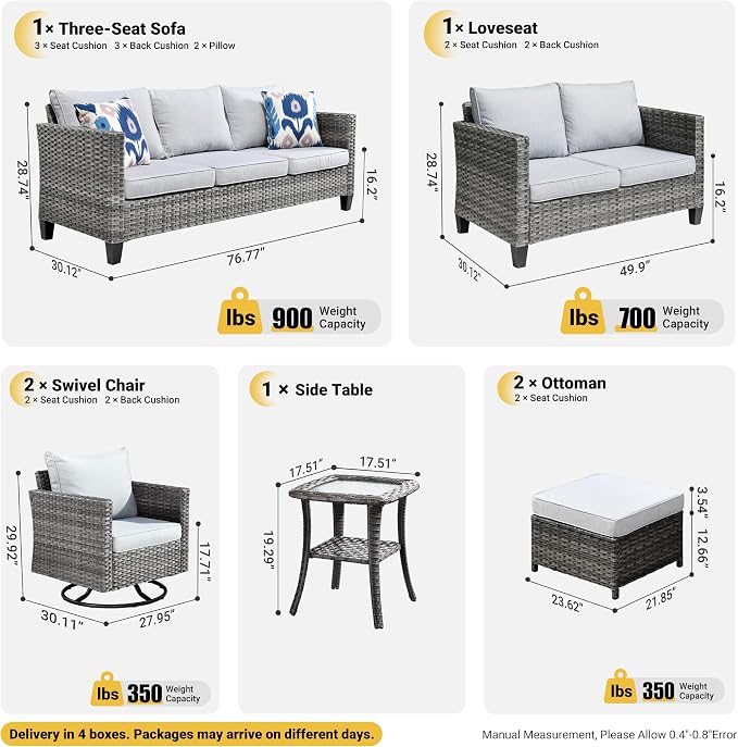 ovios 7 Pieces Patio Furniture Set, Outdoor Wicker Rattan Sofa Couch with Swivel Glider Chairs Loveseat Comfy Cushions Modern Conversation Set for Backyard Porch, Grey