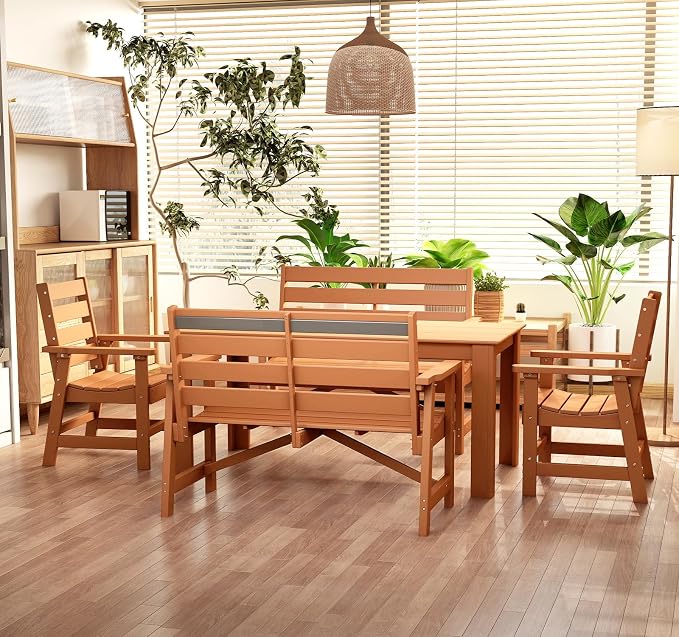 BRIOPAWS Outdoor-Dining-Table-Set | 5 Piece | HDPE | 2 Benches and 2 Chairs Sets for 6 | Patio Dinner Furniture | All Weather | Umbrella Hole | for Poolside Deck Backyard Outdoors | Teak