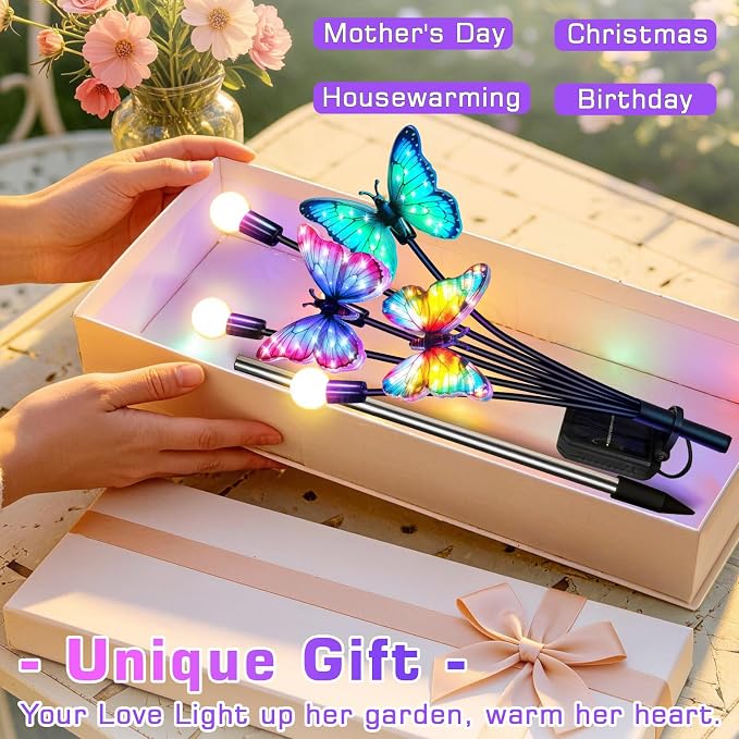 Solar Garden Lights Outdoor, Butterfly Firefly Lights 2 Pack, Waterproof | 3 Dynamic Fluttering Butterfly & 3 Firefly, Solar Garden Decor For Yard, Patio, Lawn, Gifts For Mom Women