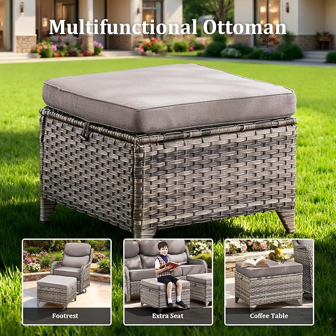 Luxury High Back Patio Furniture Set with 6-Inch Thick Cushions, 7-Pieces Outdoor Furniture with Swivel Chairs, Wicker Conversation Set for Porch, Balcony, Deck and Yard, Grey