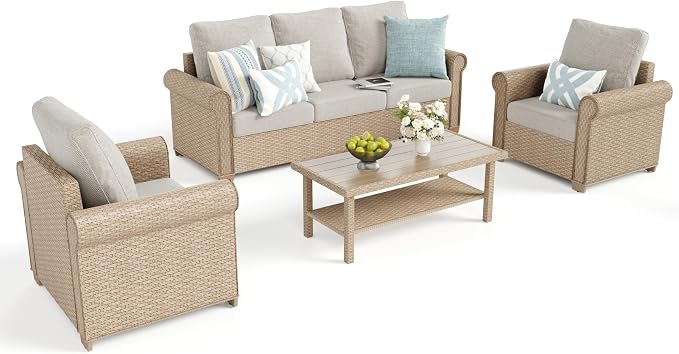 SUNSHINE VALLEY Patio Furniture Set 4 pcs, Wicker Rattan Sofa with 5.5” Thick Waterproof Cushions, 2 Chairs and Coffee Table, All Weather Outdoor Conversation Set for Backyard Deck, 5 Seats Beige