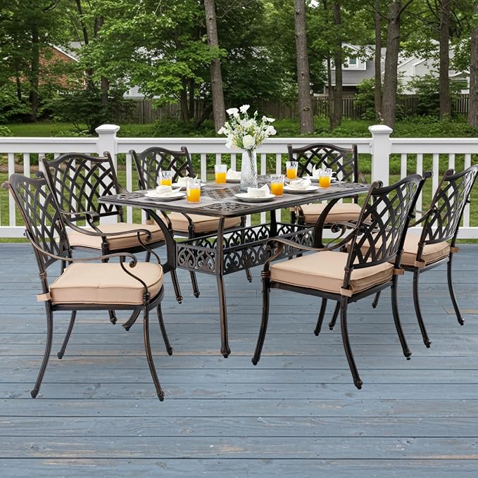 7-Pcs Cast Aluminum Patio Dining Set,59" Rectangular Table,Bronze | Outdoor Furniture Set Include Dining Table and 6 Stackable Chairs with Cushions & Umbrella Hole