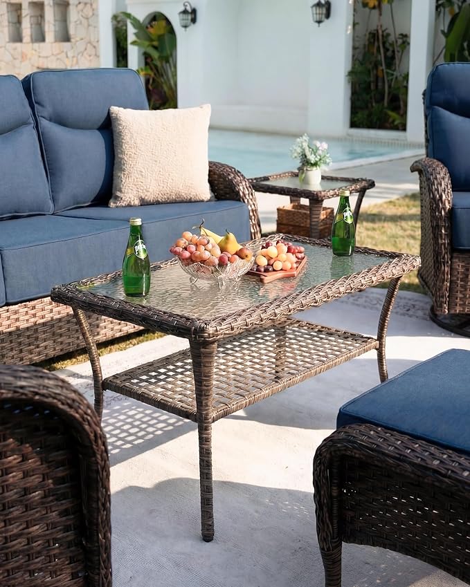 Belord Upgraded 6“ Cushion Luxury 11 Piece Patio Furniture Set - Wicker Outdoor Conversation Set with Swivel Rocker Patio Chairs, High Back Outdoor Furniture for Deck Porch Yard - Brown/Blue