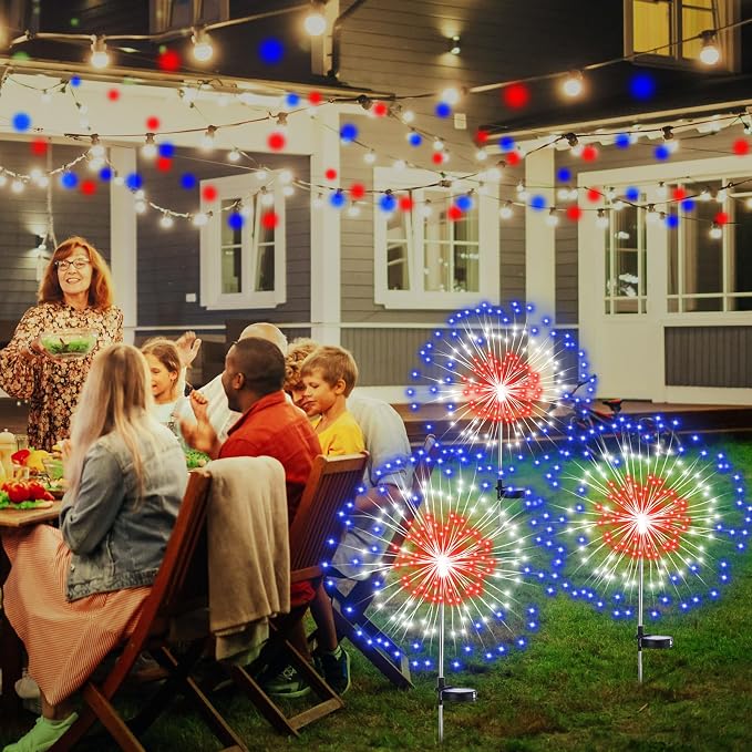 Tujoe Halloween Decoration Outdoor 4 Pack Solar Firework Light with 180 LED Halloween Solar Lights 8 Lighting Modes for Yard Garden Pathway Party Decoration(Red, White, Blue)