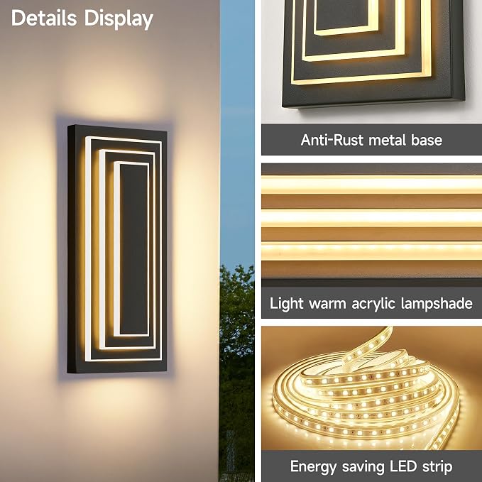 Outdoor Wall Lights,Large Exterior Lighting Fixtures 15.7 in,24 W | 3-Tier Black Modern Wall Sconce,LED Front Porch Lights, Waterproof,3000K Warm White,Metal,Acrylic,1 Pack