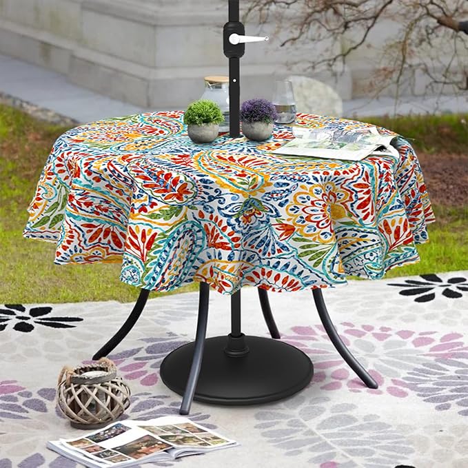 DYTXIII Outdoor Round Tablecloth with Umbrella Hole 60 Inch, Water Repellent & Fade Resistant Table Cover, All Weather Outdoor Tablecloth for Garden & Party Table, Paisley Multi