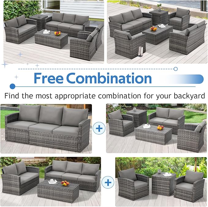 U-MAX 7 PCS Outdoor Patio Furniture Set w/Two Storage Boxes&Furniture Set Cover, Outdoor Conversation Set All-Weather PE Wicker Sectional Sofa, Grey Rattan& Grey Cushions