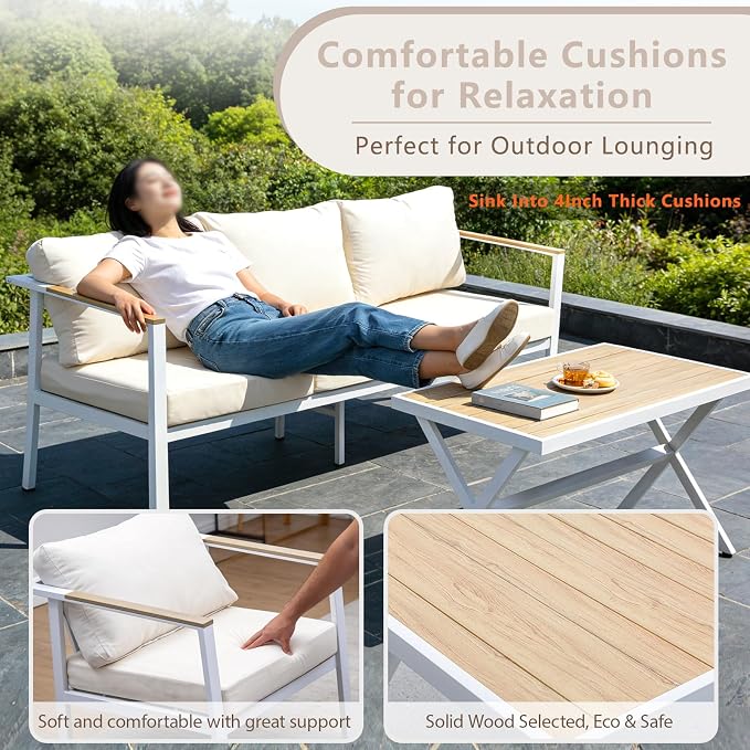 Aluminum Patio Sectional Furniture Set,5 piece Patio Conversation Sets Outdoor Patio Furniture Set Sofa with Coffee Table & Washable Cushions White