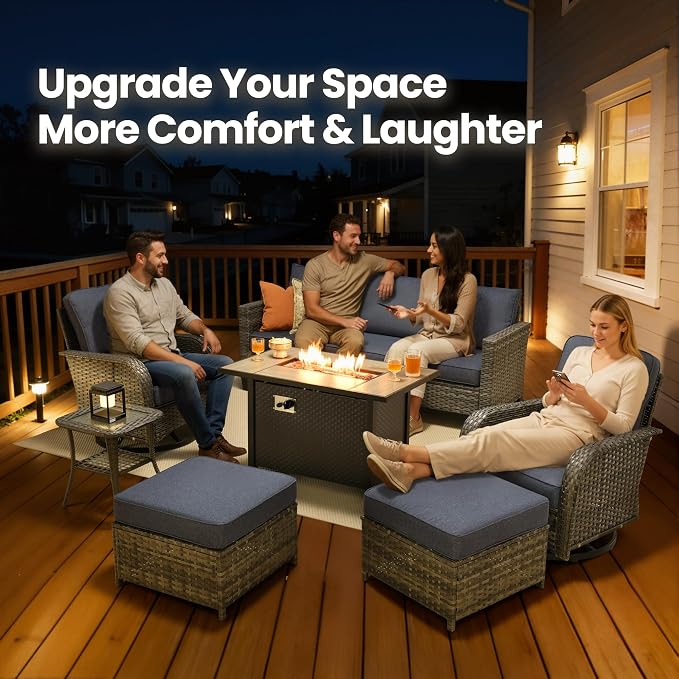 7 Piece Patio Furniture Set with Firepit Swivel Chair, Denim Blue | High Back Swivel Rocker Chairs, Deep Seat Sofa Ottoman, Fire Pit Table, Outdoor Conversation Sets for Porch Deck Backyard