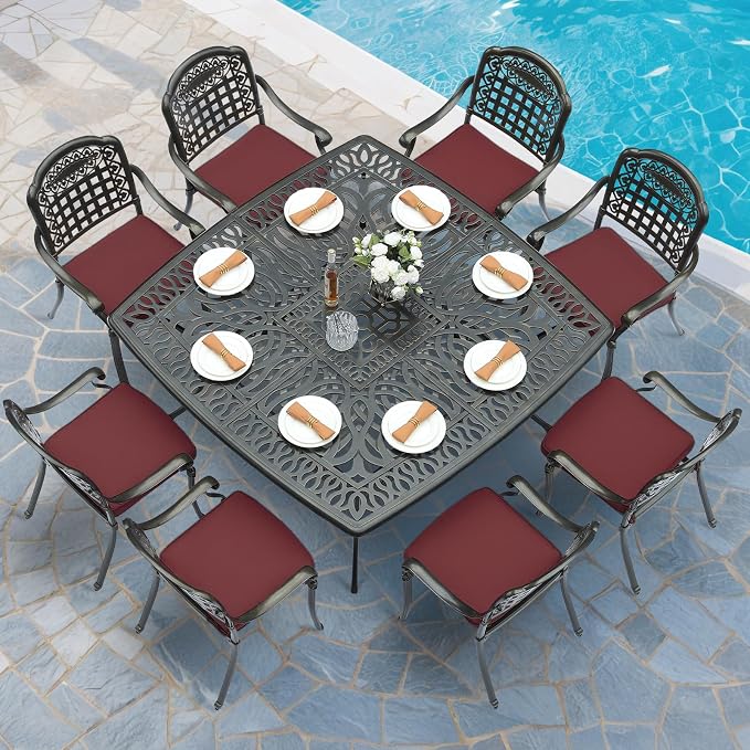 MEETWARM 9-Piece Outdoor Furniture Dining Set for 8, All Weather Cast Aluminum Patio Dining Set- Large 64" Square Table with Umbrella Hole and 8 Cushioned Chairs, Patio Table and Chairs Set, Red
