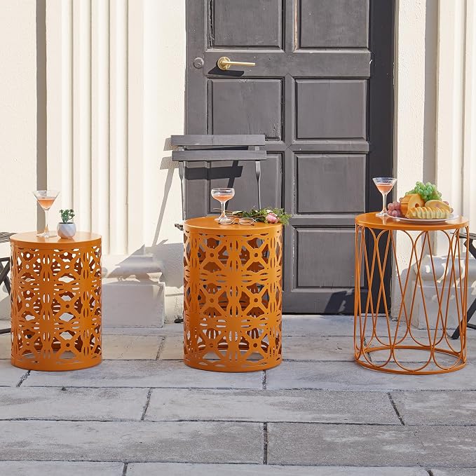Y&M Set of 3 Metal Round Patio Side Tables, Multifunctional Coffee Table End Table for Indoor & Outdoor Garden Stool Modern Design -Orange