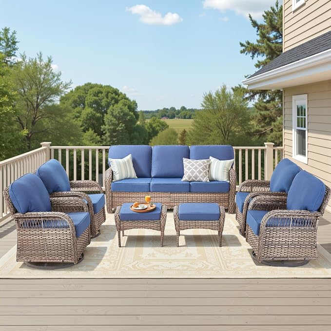 7 Pieces Outdoor Furniture Set with Swivel Chairs, Wicker Swivel Rocker Patio Chairs Set of 4 Outdoor 3 Seater Sofa with Ottomans Wicker Patio Conversation Set for Deck Porch Backyard, Blue